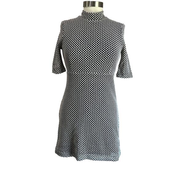 Zara Cream & Navy Knit Jacquard Mock Neck Skater Dress Size Small - Picture 1 of 7